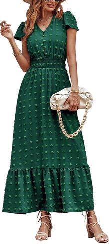 PRETTYGARDEN Womens Dresses 2023 Boho Dress Short Sleeve V Neck Swiss Dot Ruffle Tiered Maxi Dress Smocked Cocktail Dresses in Saudi Arabia