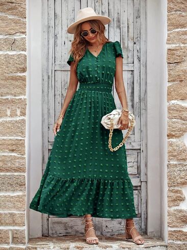 PRETTYGARDEN Womens Dresses 2023 Boho Dress Short Sleeve V Neck Swiss Dot Ruffle Tiered Maxi Dress Smocked Cocktail Dresses in Saudi Arabia