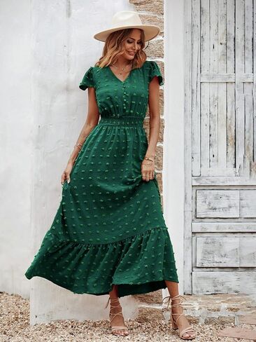 PRETTYGARDEN Womens Dresses 2023 Boho Dress Short Sleeve V Neck Swiss Dot Ruffle Tiered Maxi Dress Smocked Cocktail Dresses in Saudi Arabia