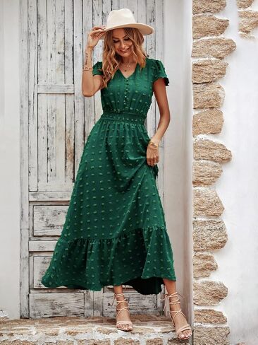 PRETTYGARDEN Womens Dresses 2023 Boho Dress Short Sleeve V Neck Swiss Dot Ruffle Tiered Maxi Dress Smocked Cocktail Dresses in Saudi Arabia