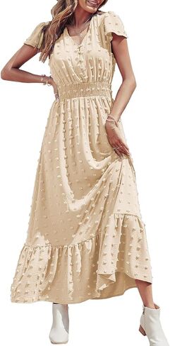 PRETTYGARDEN Womens Dresses 2023 Boho Dress Short Sleeve V Neck Swiss Dot Ruffle Tiered Maxi Dress Smocked Cocktail Dresses in Kuwait