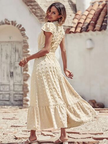 PRETTYGARDEN Womens Dresses 2023 Boho Dress Short Sleeve V Neck Swiss Dot Ruffle Tiered Maxi Dress Smocked Cocktail Dresses in Kuwait