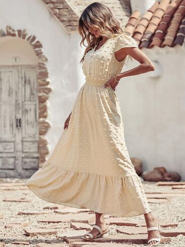 PRETTYGARDEN Womens Dresses 2023 Boho Dress Short Sleeve V Neck Swiss Dot Ruffle Tiered Maxi Dress Smocked Cocktail Dresses in Kuwait
