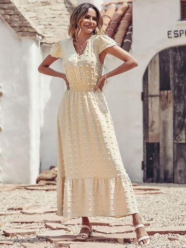 PRETTYGARDEN Womens Dresses 2023 Boho Dress Short Sleeve V Neck Swiss Dot Ruffle Tiered Maxi Dress Smocked Cocktail Dresses in Kuwait