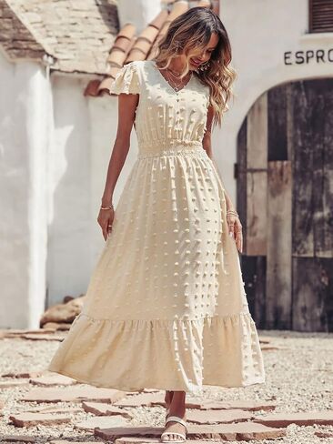 PRETTYGARDEN Womens Dresses 2023 Boho Dress Short Sleeve V Neck Swiss Dot Ruffle Tiered Maxi Dress Smocked Cocktail Dresses in Kuwait