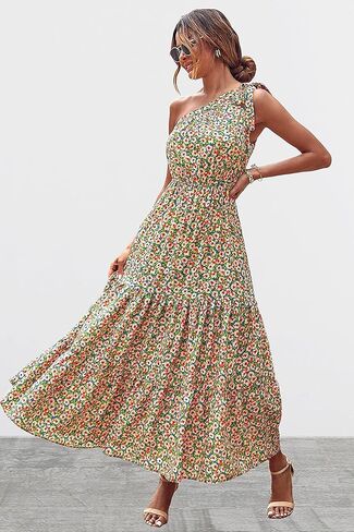 فستان صيفي نسائي من PRETTYGARDEN موضة 2023 بعقدة وكتف واحد بدون أكمام وحاشية مكشكشة فساتين ماكسي بوهو واسعة in Kuwait