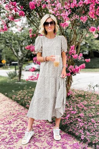 PRETTYGARDEN Summer Dresses for Women 2026 Casual Floral Boho Midi Sun Dress Puff Short Sleeve Flowy Beach Vacation Sundress in Kuwait