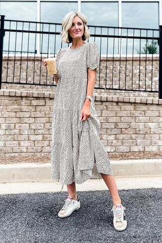 PRETTYGARDEN Summer Dresses for Women 2026 Casual Floral Boho Midi Sun Dress Puff Short Sleeve Flowy Beach Vacation Sundress in Kuwait