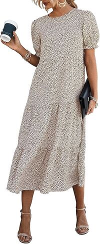 PRETTYGARDEN Summer Dresses for Women 2026 Casual Floral Boho Midi Sun Dress Puff Short Sleeve Flowy Beach Vacation Sundress in Kuwait