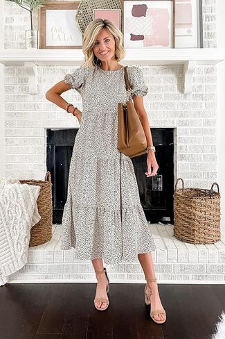 PRETTYGARDEN Summer Dresses for Women 2026 Casual Floral Boho Midi Sun Dress Puff Short Sleeve Flowy Beach Vacation Sundress in Kuwait