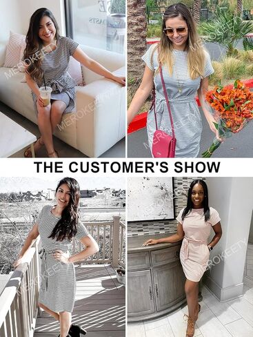 MEROKEETY Women's Summer Striped Short Sleeve T Shirt Dress Casual Tie Waist with Pockets in Saudi Arabia
