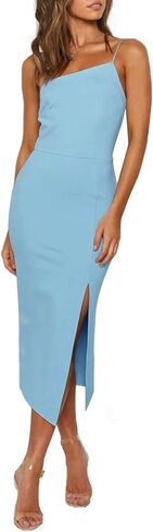 فستان LYANER نسائي بأشرطة سباغيتي وحاشية مقسمة بدون أكمام وسحاب Bodycon متوسط ​​الطول in Kuwait