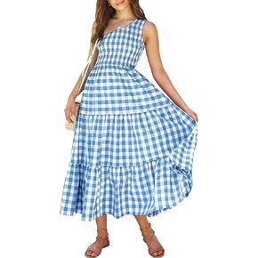 BTFBM Women One Shoulder Sleeveless Casual Summer Dresses 2023 Smocked High Waist Floral Flowy Beach Boho Maxi Dress in Saudi Arabia
