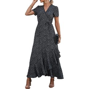 PRETTYGARDEN Women's Summer Wrap Maxi Dress Casual Boho Floral V Neck Short Sleeve Ruffle Hem Split Beach Long Dresses in Saudi Arabia