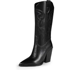 ISNOM Cowboyl Boots Cowgirl Boots for Women, Pointed Toe Chunky Heel Western Boots