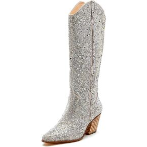 المرأة حجر الراين الأحذية الغربية منتصف العجل أشار تو موضة راعية البقر الأحذية 5 سنتيمتر كعب مرصوف مكتنز سحب على الأحذية للسيدات in Kuwait