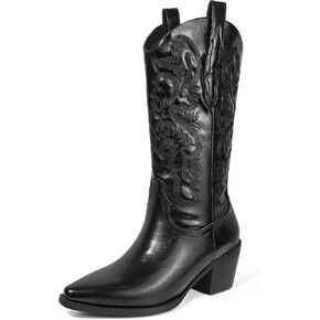 Ouepiano Women's Western Cowboy Embroidered Mid Calf Boots, Almond Pointed Toe 6cm Medium Chunky Heel Pull Tab Fashion Cowgirl Boots