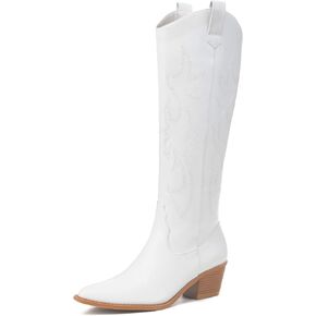 Athlefit Women's Western Embroidered Cowboy Boots Pointed Toe Chunky Heel Pull On Knee High Boots