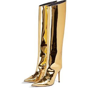Arqa Women's Knee High Boots Sexy Pointed Toe Stiletto Heel Boot Metallic Leather Zipper Booties Dress Shoes in Saudi Arabia
