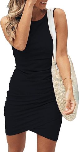 BTFBM Women 2023 Summer Sleeveless Tank Dresses Crew Neck Slim Fit Short Casual Ruched Bodycon Party Club Mini Dress in Saudi Arabia