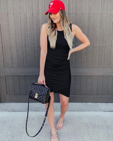 BTFBM Women 2023 Summer Sleeveless Tank Dresses Crew Neck Slim Fit Short Casual Ruched Bodycon Party Club Mini Dress in Saudi Arabia