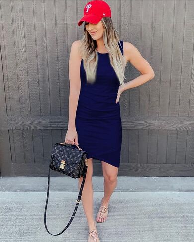 BTFBM Women 2023 Summer Sleeveless Tank Dresses Crew Neck Slim Fit Short Casual Ruched Bodycon Party Club Mini Dress in Saudi Arabia