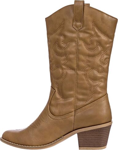 Cowboy Boots for Women Mid-Calf Boot Embroidered Stiching Western Cowgirl Boots Low Stacked Heel in Kuwait