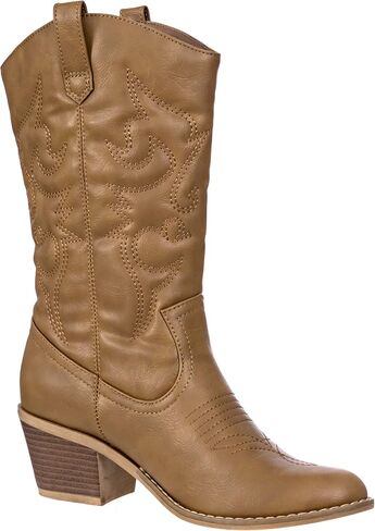 Cowboy Boots for Women Mid-Calf Boot Embroidered Stiching Western Cowgirl Boots Low Stacked Heel in Kuwait