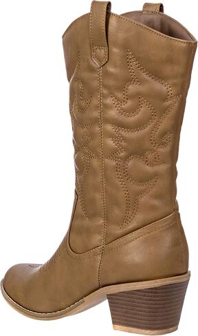 Cowboy Boots for Women Mid-Calf Boot Embroidered Stiching Western Cowgirl Boots Low Stacked Heel in Kuwait