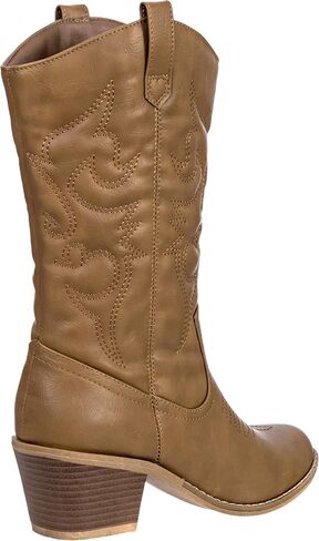 Cowboy Boots for Women Mid-Calf Boot Embroidered Stiching Western Cowgirl Boots Low Stacked Heel in Kuwait