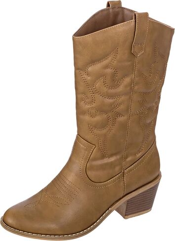 Cowboy Boots for Women Mid-Calf Boot Embroidered Stiching Western Cowgirl Boots Low Stacked Heel in Kuwait