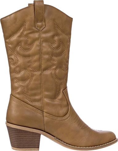 Cowboy Boots for Women Mid-Calf Boot Embroidered Stiching Western Cowgirl Boots Low Stacked Heel in Kuwait