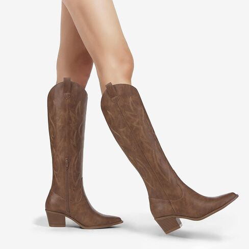 أحذية رعاة البقر الغربية المطرزة للنساء من Athlefit بمقدمة مدببة وكعب مكتنز وسحب على أحذية عالية للركبة in Kuwait