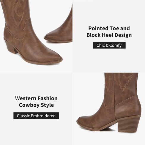 أحذية رعاة البقر الغربية المطرزة للنساء من Athlefit بمقدمة مدببة وكعب مكتنز وسحب على أحذية عالية للركبة in Kuwait