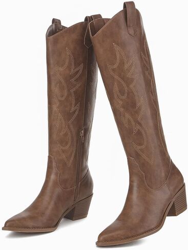 أحذية رعاة البقر الغربية المطرزة للنساء من Athlefit بمقدمة مدببة وكعب مكتنز وسحب على أحذية عالية للركبة in Kuwait