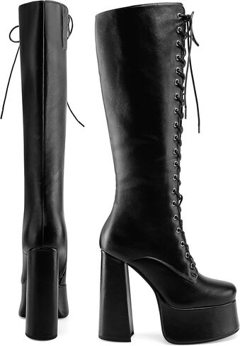 Women's Chunky Platform Knee High Boots Lace Up Goth Gogo Boots | 5.7 Inch Block Heel Wide Calf Sexy Long Boots,Gothic Cosplay Halloween Spring Summer Fall Winter Style,Adjustable Lace in Saudi Arabia