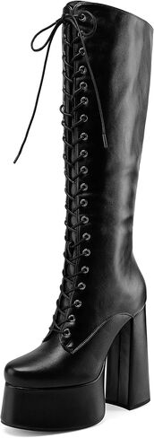Women's Chunky Platform Knee High Boots Lace Up Goth Gogo Boots | 5.7 Inch Block Heel Wide Calf Sexy Long Boots,Gothic Cosplay Halloween Spring Summer Fall Winter Style,Adjustable Lace in Saudi Arabia