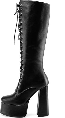 Women's Chunky Platform Knee High Boots Lace Up Goth Gogo Boots | 5.7 Inch Block Heel Wide Calf Sexy Long Boots,Gothic Cosplay Halloween Spring Summer Fall Winter Style,Adjustable Lace in Saudi Arabia