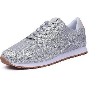 Jonuiony Women's Fashion Casual Breathable Crystal Bling Lace Up Sport Shoes Sneakers Glitter Tennis Sneakers Comfy Sparkly Rhinestone Bling Running Shoes Shiny Sequin Flat Heel Shoes(Metallic,9)