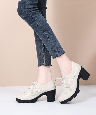 DADAWEN Women's Leather Classic Lace Up Platform Chunky Mid-Heel Square Toe Oxfords Dress Pump Shoes in Kuwait