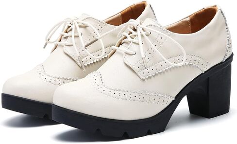 DADAWEN Women's Leather Classic Lace Up Platform Chunky Mid-Heel Square Toe Oxfords Dress Pump Shoes in Kuwait
