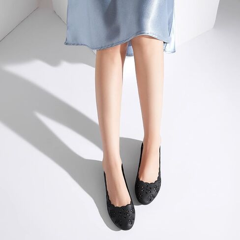 FRACORA Women's Ballet Flats Black PU Leather Dress Shoes Comfortable Round Toe Slip on Flats with Breathable Eyelets in Saudi Arabia