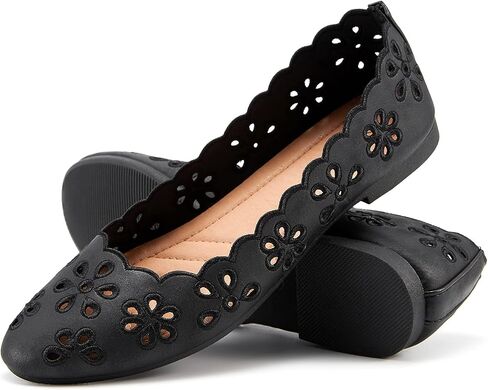 FRACORA Women's Ballet Flats Black PU Leather Dress Shoes Comfortable Round Toe Slip on Flats with Breathable Eyelets in Saudi Arabia
