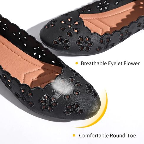 FRACORA Women's Ballet Flats Black PU Leather Dress Shoes Comfortable Round Toe Slip on Flats with Breathable Eyelets in Saudi Arabia