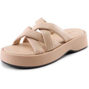 DREAM PAIRS Women' s Summer Comfortable Cushion Slip-on Dressy Slides, Cute Platform Puffy Sandals with Criss Cross Strappy
