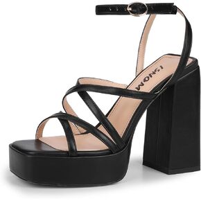 ISNOM Platform Chunky Heels for Women, Block Heel Sandals with Open Square Toe and Ankle Strap