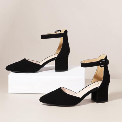 Ankis Closed Toe Heels for Women, 2.25 Inch Low Block Chunky Dress Pumps | Black Nude White Gold Silver Pointed Toe Design, Soft Insole, Adjustable Ankle Strap, Classic Versatile, For Formal Daily in Kuwait