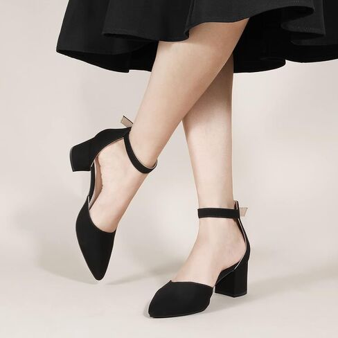 Ankis Closed Toe Heels for Women, 2.25 Inch Low Block Chunky Dress Pumps | Black Nude White Gold Silver Pointed Toe Design, Soft Insole, Adjustable Ankle Strap, Classic Versatile, For Formal Daily in Kuwait