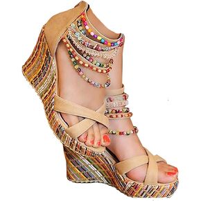 getmorebeauty Women's Wedge Sandals With Pearls Across The Top Platform Sandals High Heels in Kuwait