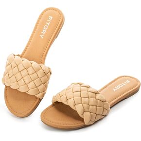FITORY Womens Flat Sandals Fashion Round Open Toe Slip On Slides with Braided Strap Slippers for Summer Size 6-11